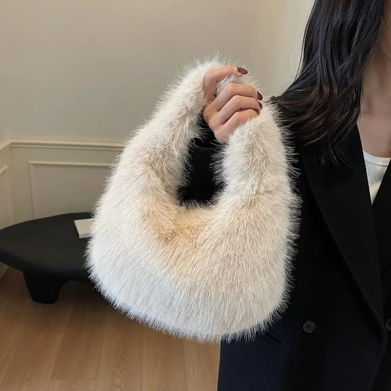 Solid Color Faux Fur Bag for Women Winter Soft Plush Handbag Tote