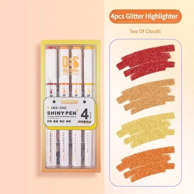 Kawaii Glitter Pastel Highlighter Pen Set – Fine Tip Sparkle Study & Scrapbook Markers (4 Colors)