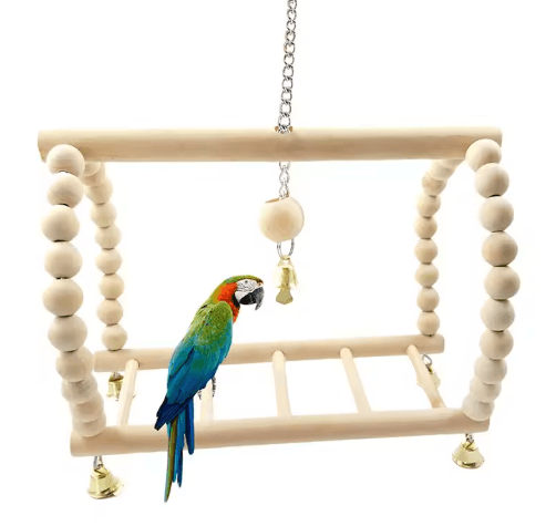 Wooden Parrot Swing & Climbing Toy with Bells – Hanging Ladder Playstand Hammock