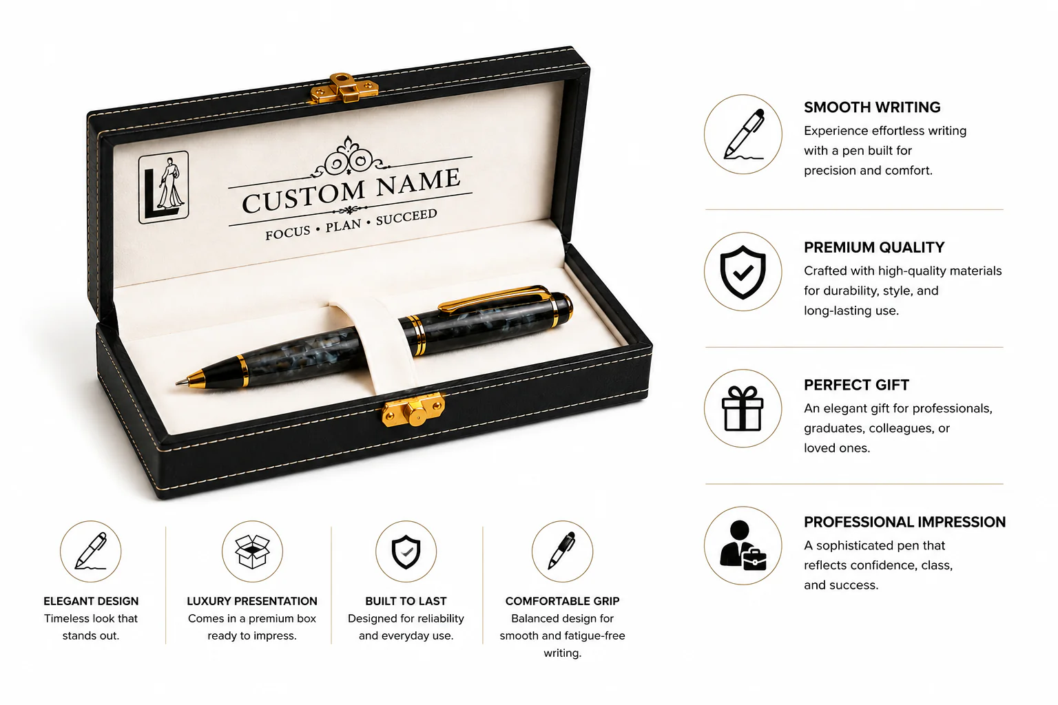 Luxury Black Marble Pen Gift Set with Personalized Presentation Box