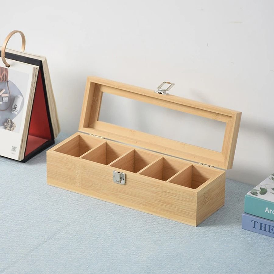 Bamboo Tea Bag Storage Box with 5 Compartments Portable Tea Organizer