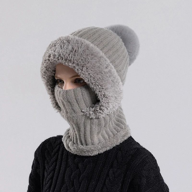 Women's Hooded Knit Balaclava Hat – Winter Velvet Fluffy Ear Protection Neck Warmer