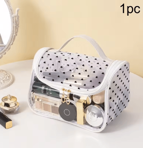 Large-Capacity Heart Mesh Makeup Bag – Frosted Transparent Cosmetic Travel Pouch