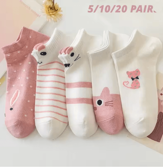 Women Pink Cat Thin Short Tube Socks Cute Casual Comfort Multipack
