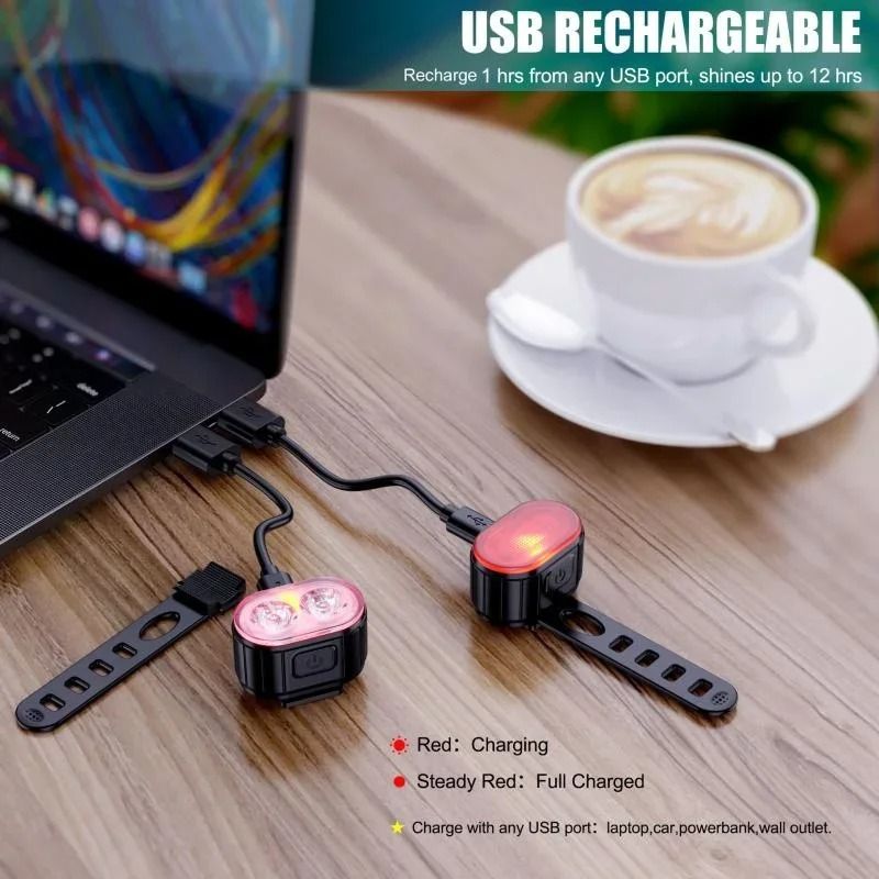 Ultra-Compact LED Bicycle Light Set | USB Rechargeable Waterproof Safety Warning Headlight & Taillight
