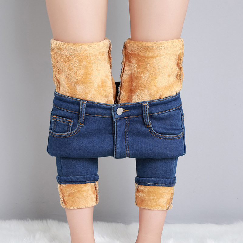 Women Thermal Jeans, Warm Fleece Lined Winter Denim Pants, Stretch Skinny Retro Blue Thicken Pencil Trousers