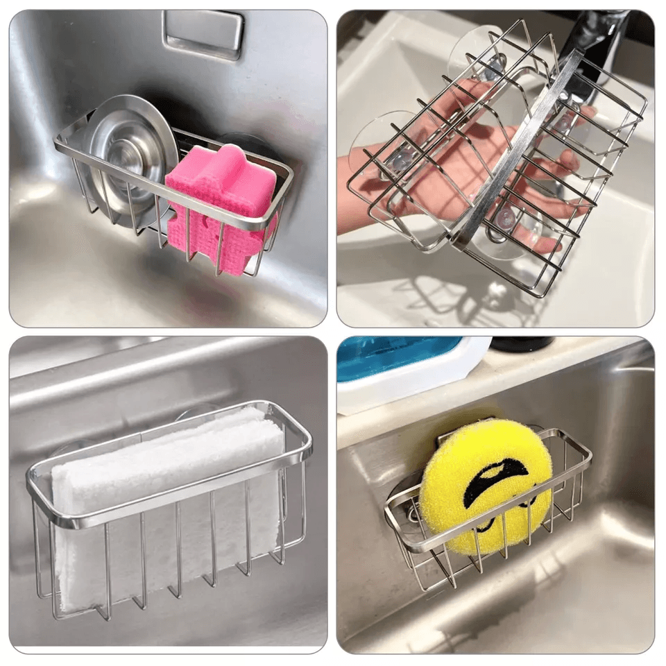 Stainless Steel Sink Caddy with Suction Cups, Sponge Holder & Soap Storage Drain Rack Organizer