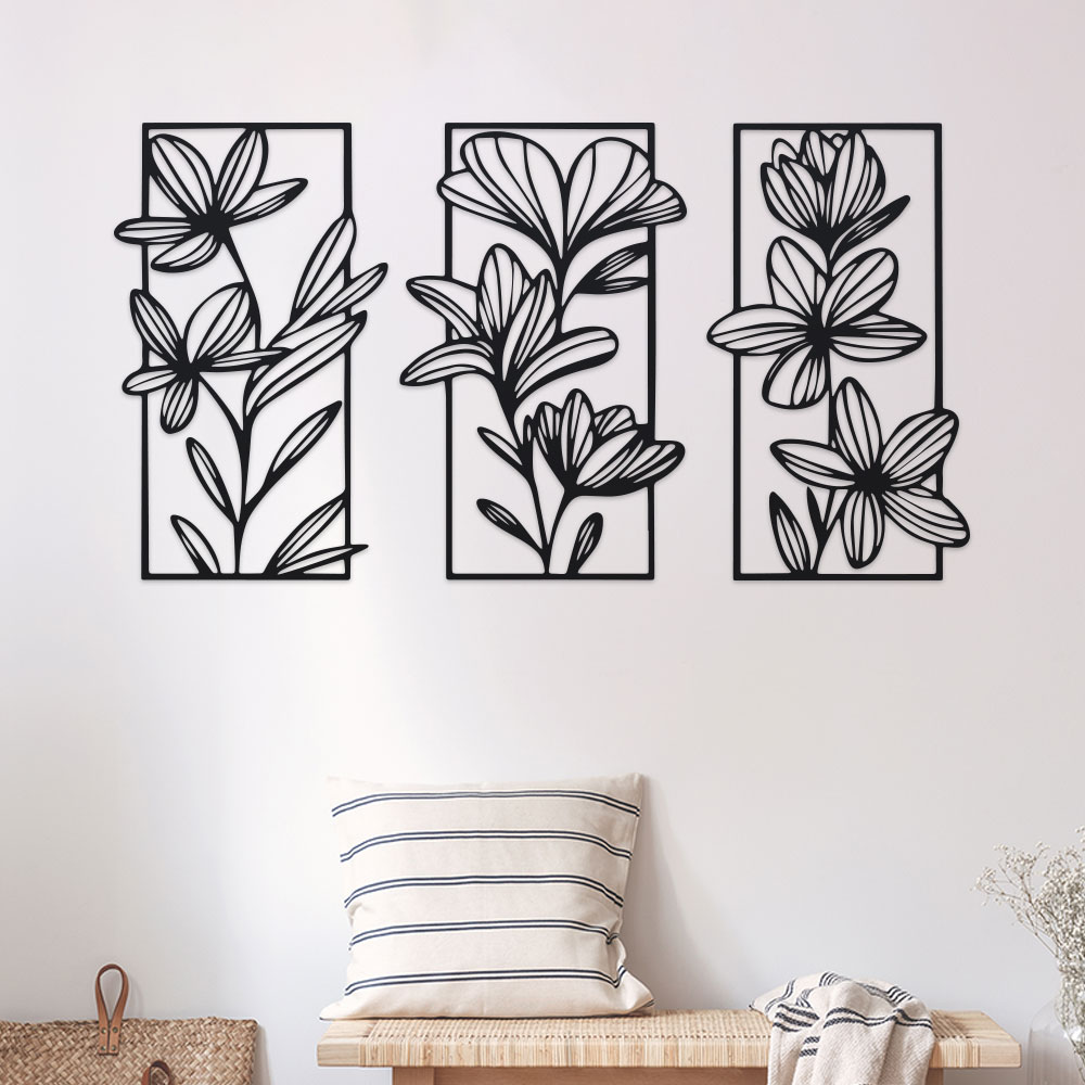 3 Piece Floral Metal Wall Sculptures, Classic Iron Wall Art Decor for Bedroom, Elegant Modern Flower Wall Murals