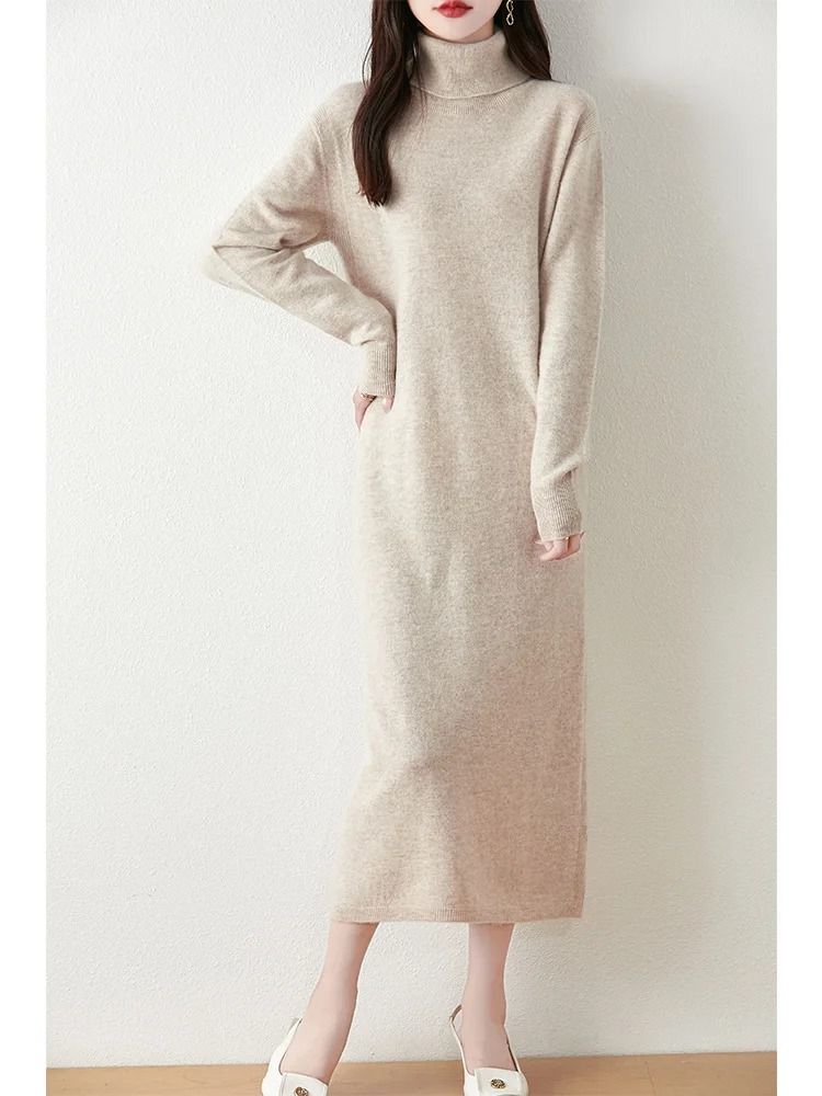 100% Merino Wool Turtleneck Knit Sweater Dress