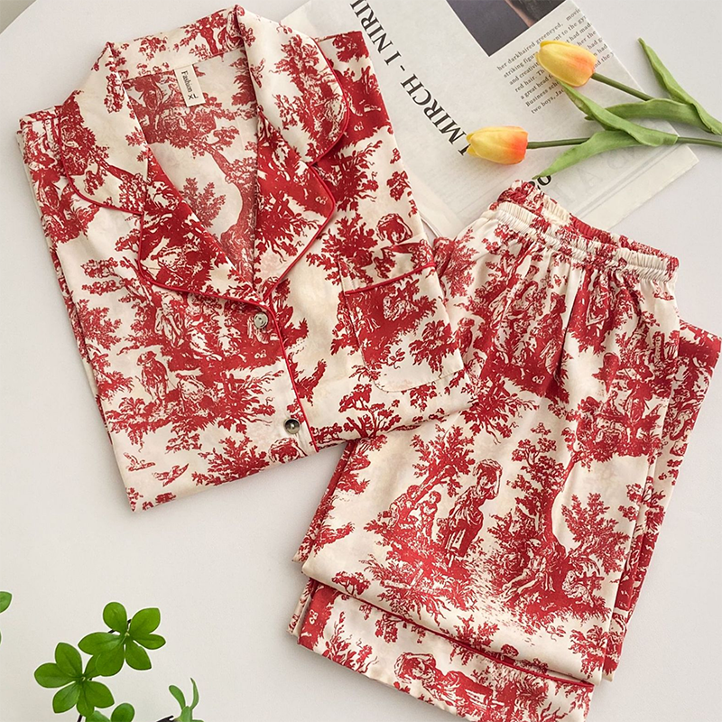 Women Sleepwear Spring Summer, Fashion Print Flower Pajamas Set, Trouser Suits Lounge Wear Loose Satin, Homewear Pijamas