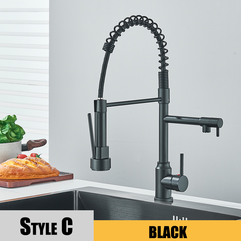 Black Kitchen Sink Faucet Pull Down, Hot and Cold Water Mixer, 2 Mode Tap with Dual Spout, Rotation Flexible Deck