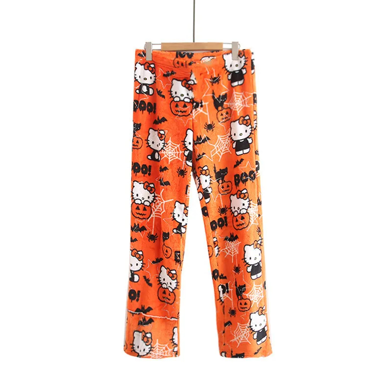 Sanrio Hello Kitty Pajamas Halloween Flannel Fashion Trouserswomen Kawaii Woolen Anime Cartoon Casual Home Pants Autumn