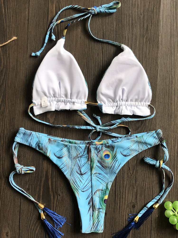 Brazilian Biquinis New Swimsuit Women Feather Print Bandage Swimwear
