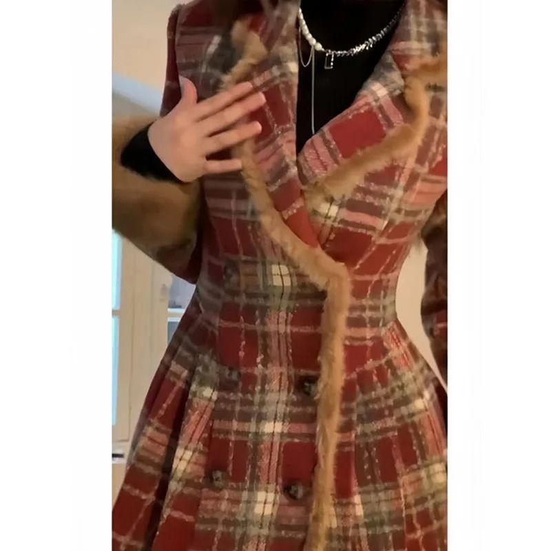 Classic Womens Plaid Wool Coat Double Breasted Loose Fit Autumn Winter Jacket