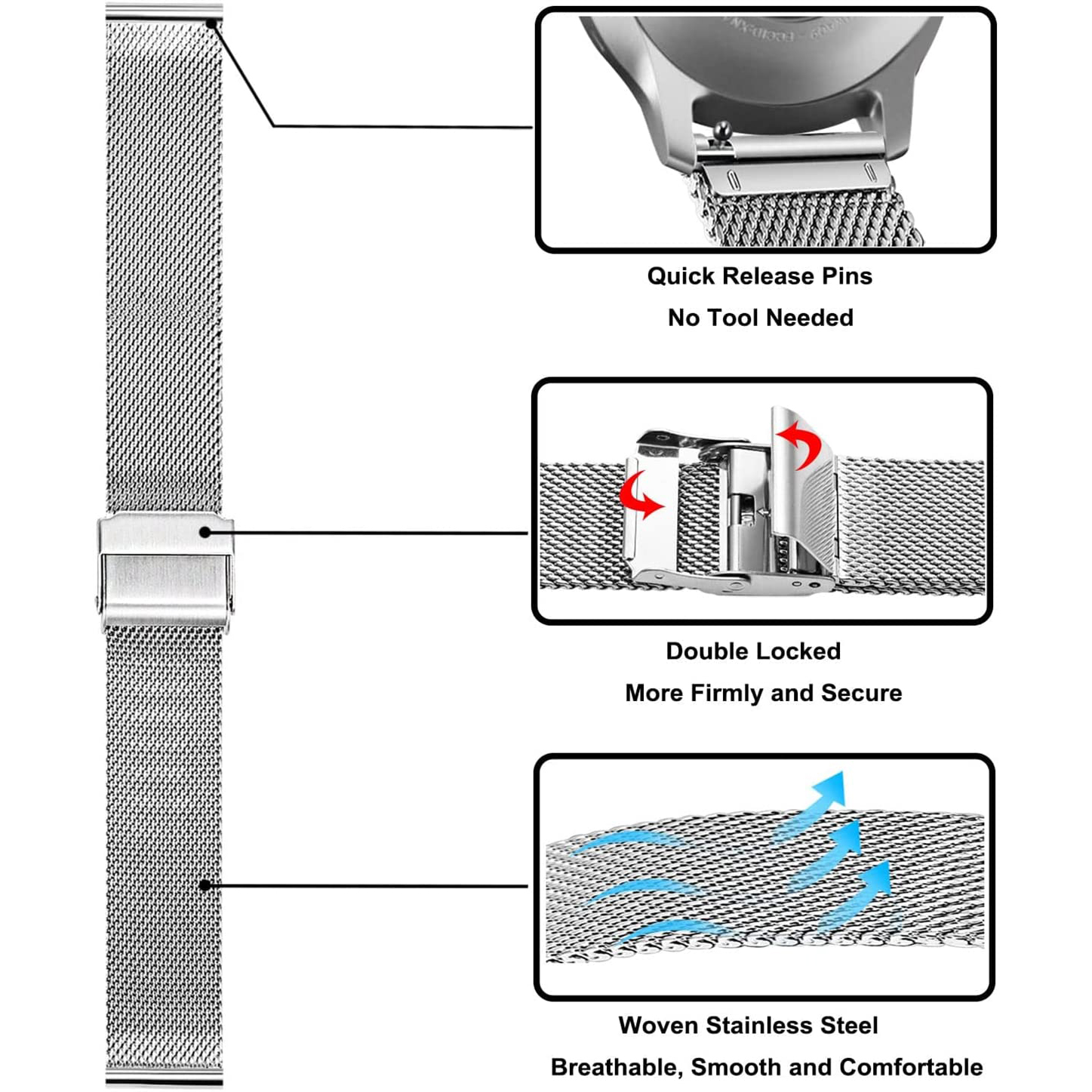 Universal Milanese Watch Band Quick Release Stainless Steel Mesh Strap