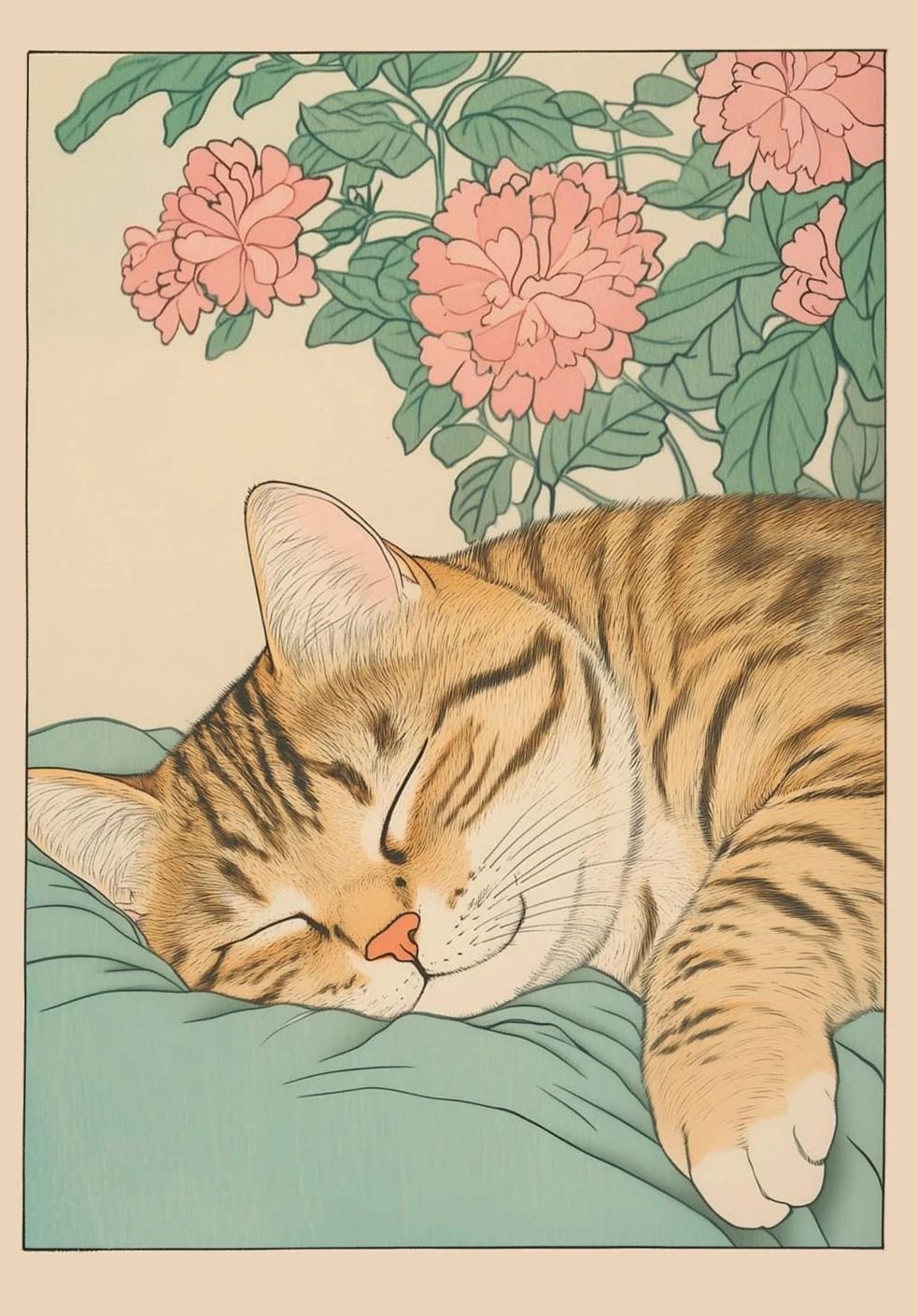 Japanese Tabby Cat in Bathtub | Retro Aesthetic Japandi Canvas Art
