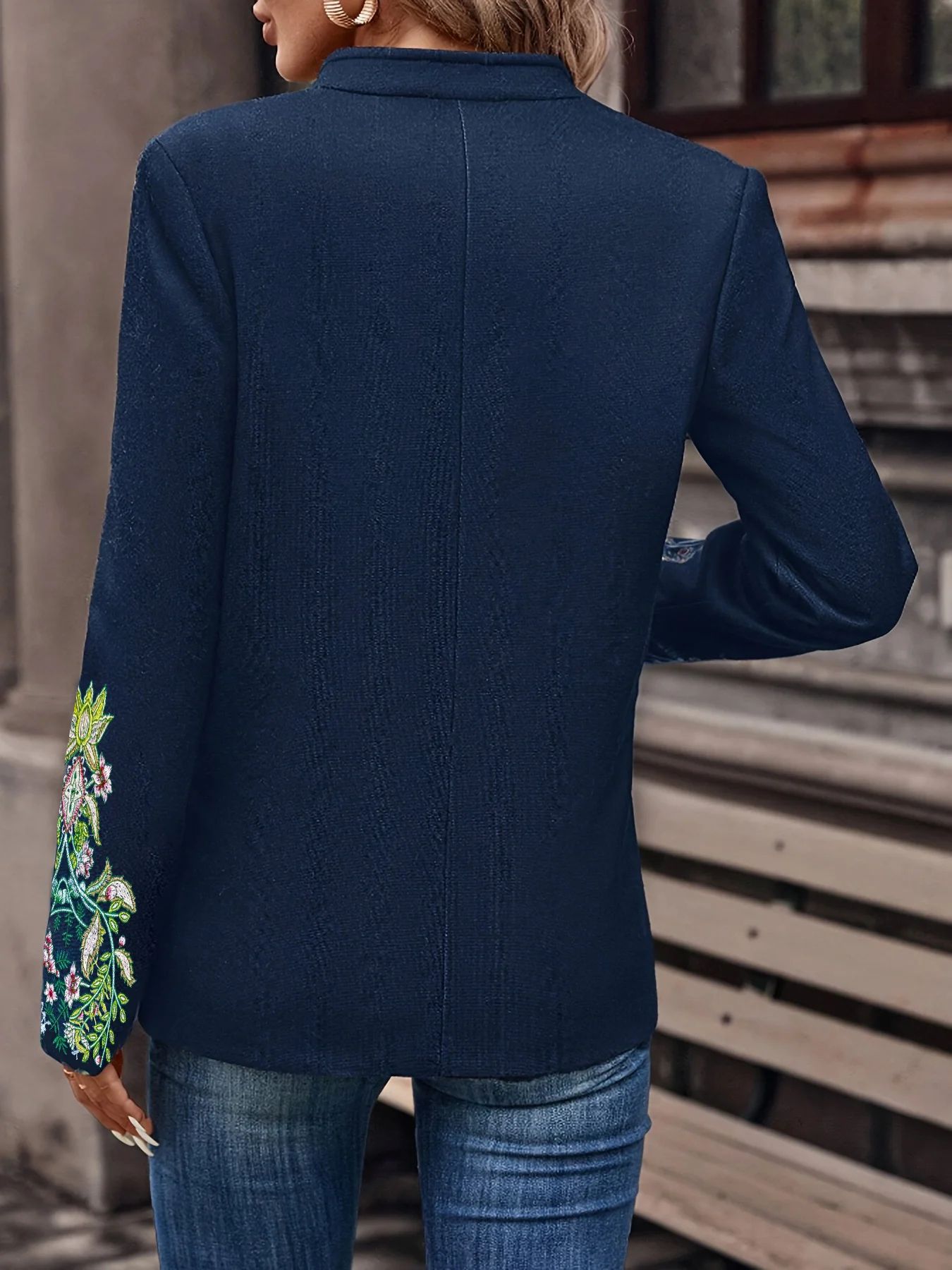 Women's Retro Floral Embroidered Double-Breasted Blazer – Elegant Stand Collar Office Jacket