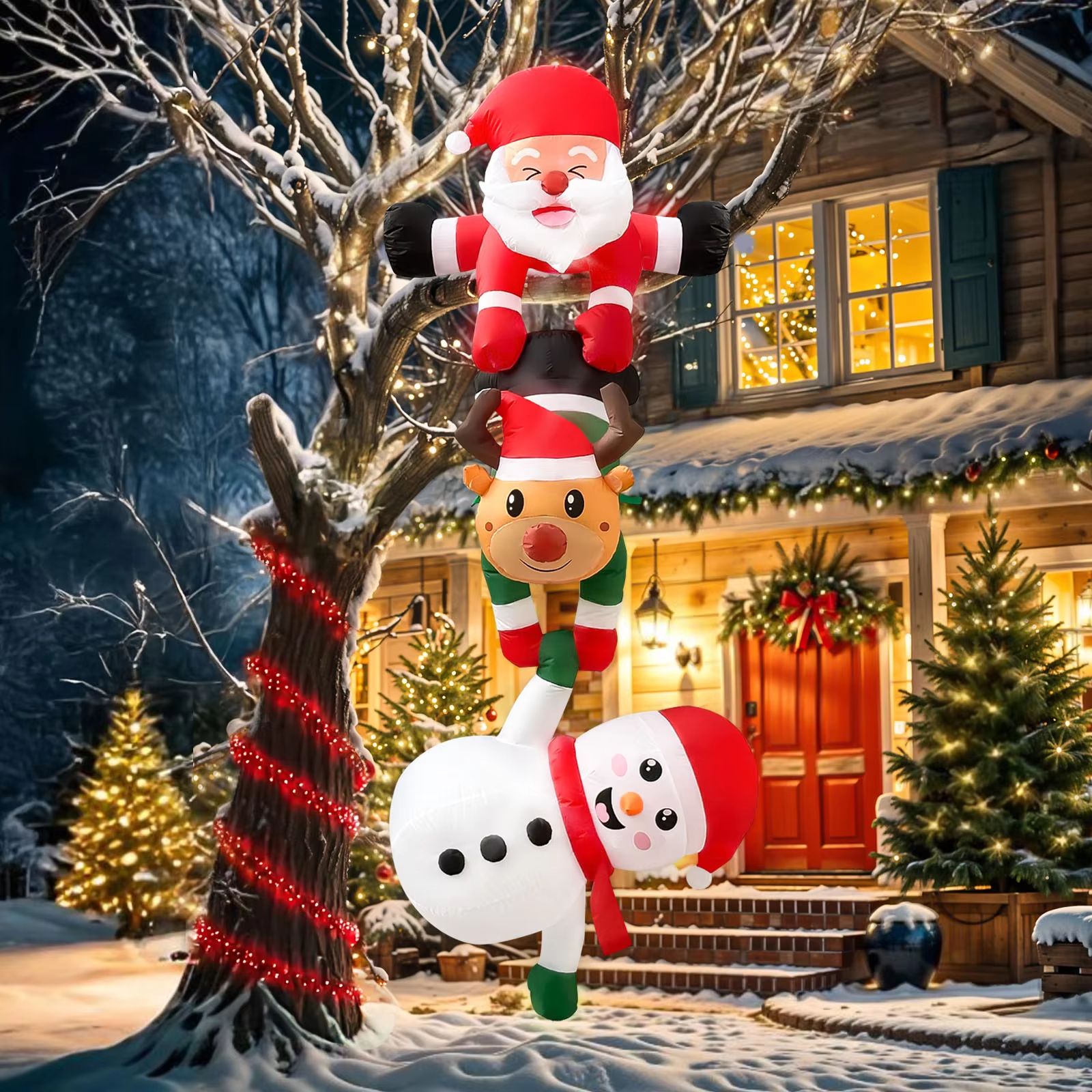 96in Climbing Santa Christmas Inflatable with Reindeer Snowman LED Outdoor Holiday Decoration