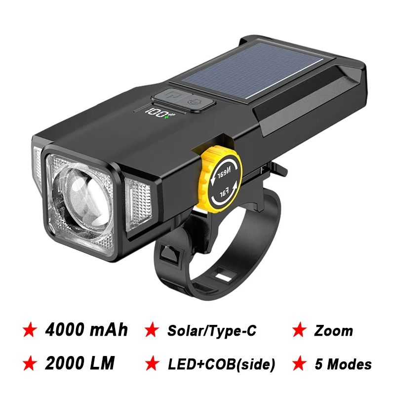 4000mAh Solar Bike Light – 2000LM Rechargeable Bicycle Front Light with Zoom Beam & COB Red Side Lamp