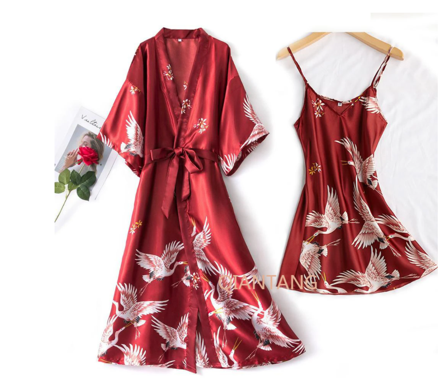 Sexy Nightwear Gown, Women Pyjama V Neck, Silky Sleepwear, Spring Lady Sleep Suit Robe, Homewear Negligee