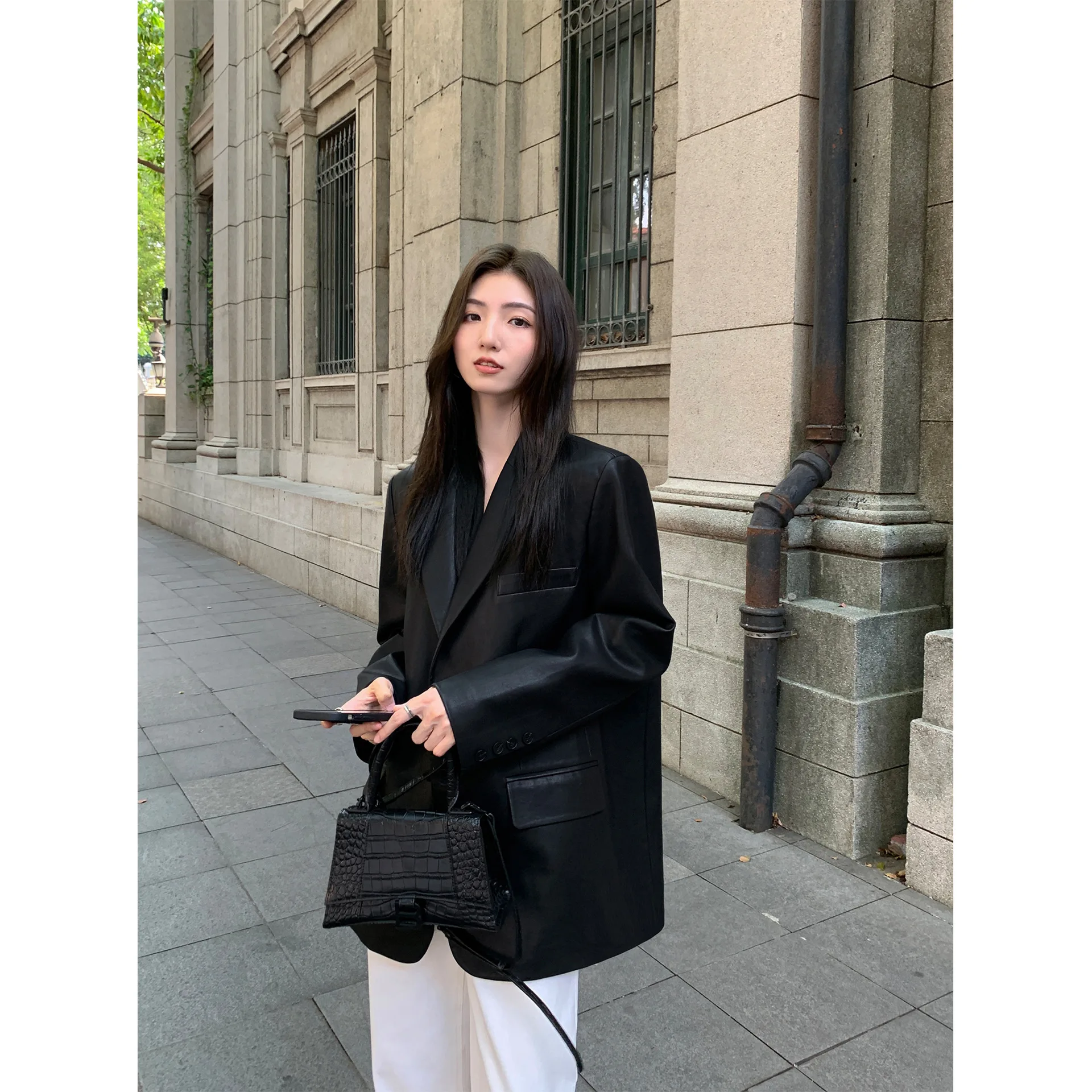 PU Leather Jacket, Loose Fit Black Blazer, Faux Leather Jacket with Flap Pockets, Long Sleeve Formal
