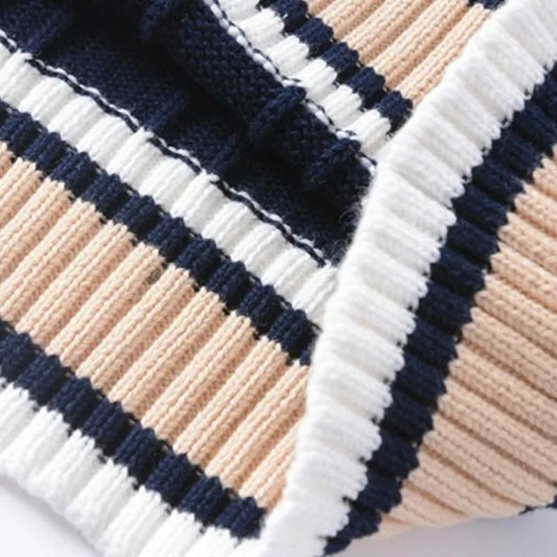 Mens Thick Knitted V Neck Sweater Vest Retro Striped Casual Pullover