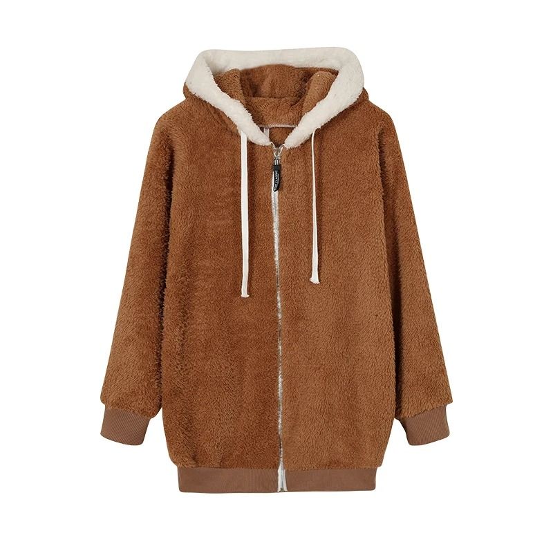 Cozy Womens Plush Hooded Jacket Loose Zip Up Winter Fleece Coat