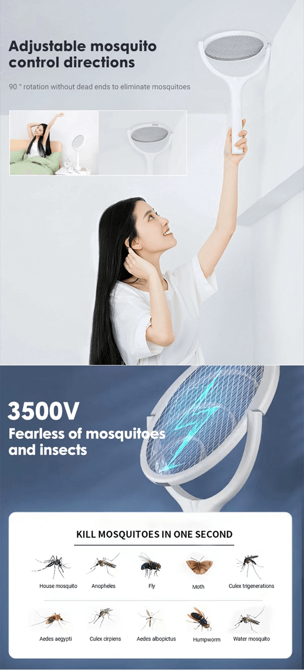Rechargeable Electric Mosquito Swatter Bug Zapper Racket With LED Lamp