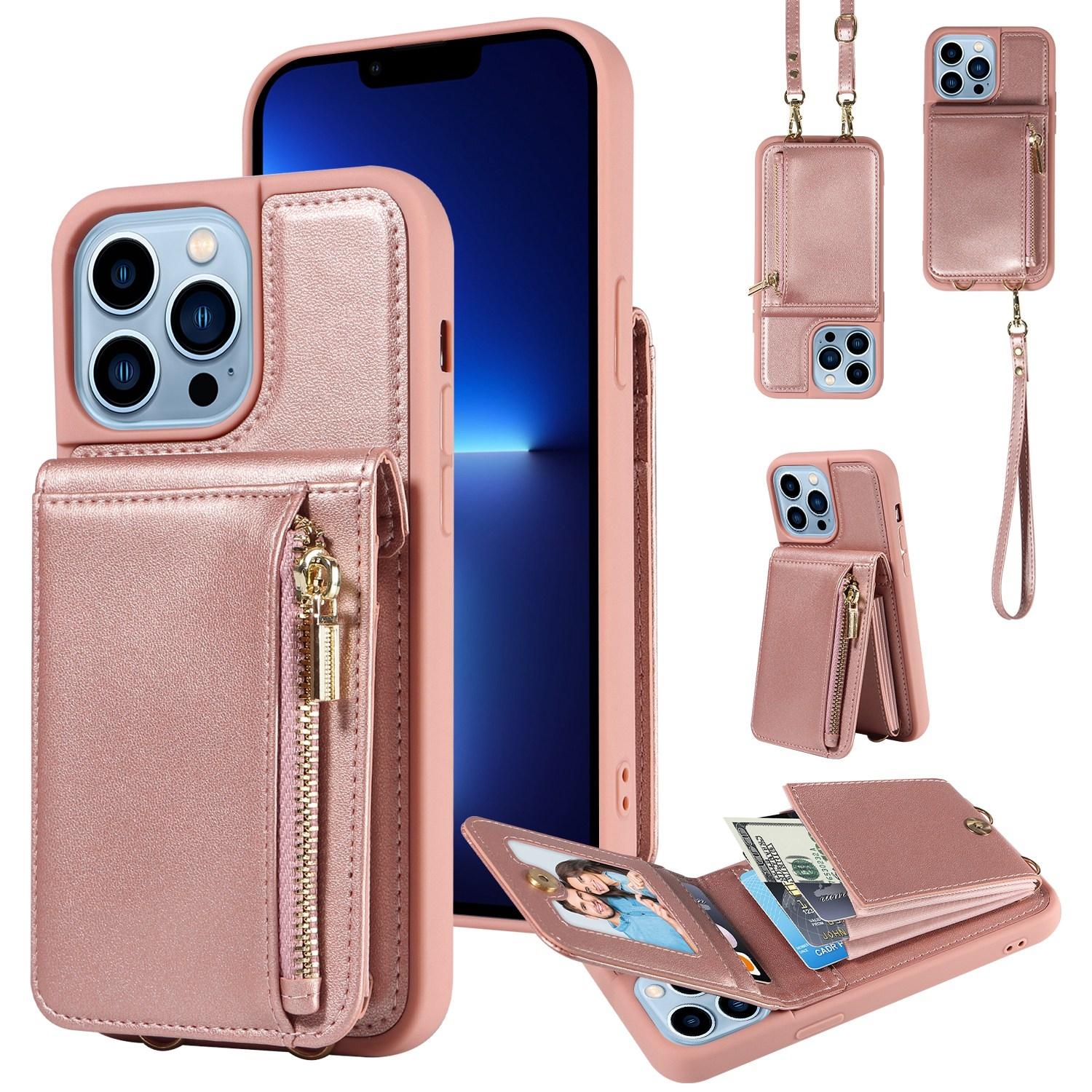 Leather Crossbody iPhone Wallet Case with Zipper Pocket & Lanyard Strap