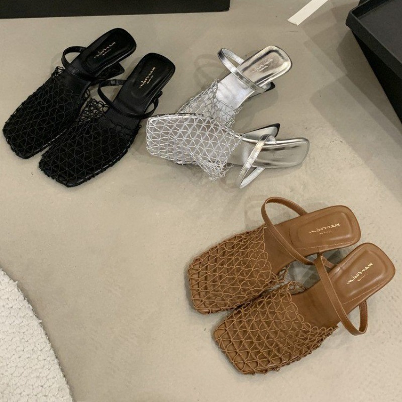 Women Mesh High Heel Sandals Square Toe Slingback Summer Pumps
