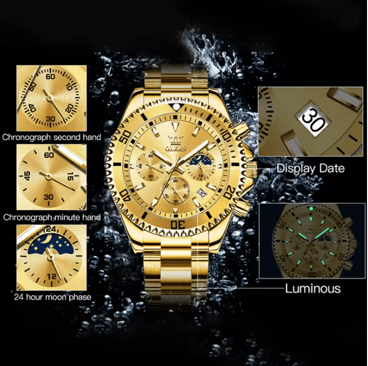 OLEVS Luxury Mens Watch Stainless Steel Chronograph Waterproof with Moon Phase