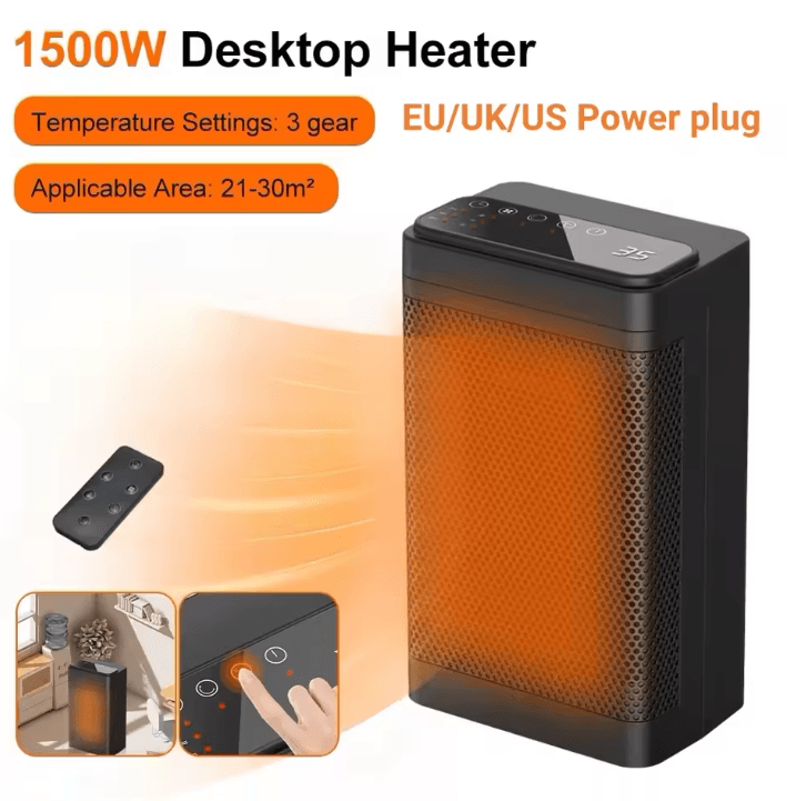 Portable PTC Ceramic Fan Heater with Remote – Oscillating Desktop Space Heater for Home & Office