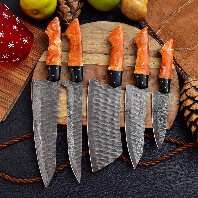 Handmade Damascus Steel Kitchen Chef Knives Set With Beautiful Colour Bone Handle
