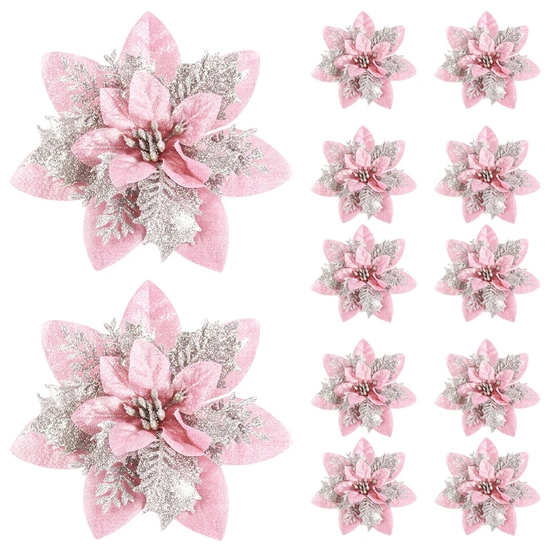 Glitter Pink Christmas Flowers Set of , Artificial Tree Ornaments, Merry Christmas and New Year Decorations for Home
