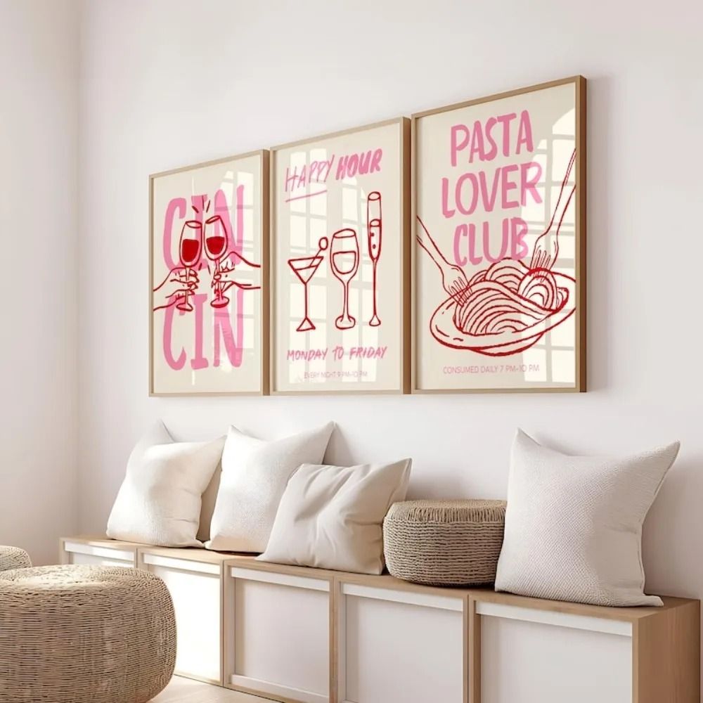 Cin Cin Cheers Wall Art – Pink Happy Hour Cocktail Poster – Pasta Lovers Club Italian Food Print – Modern Kitchen Decora
