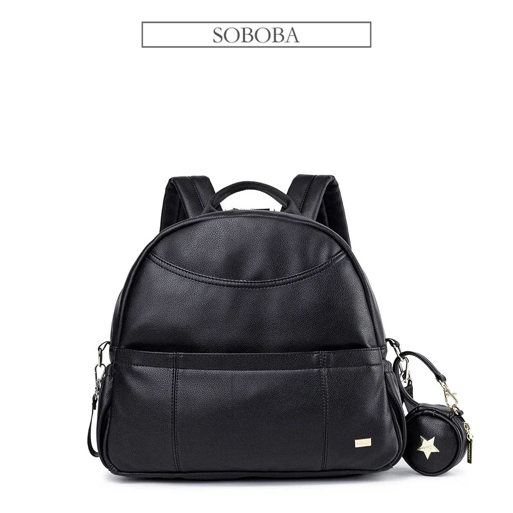 Modern Black PU Diaper Backpack Large Capacity Waterproof Baby Bag