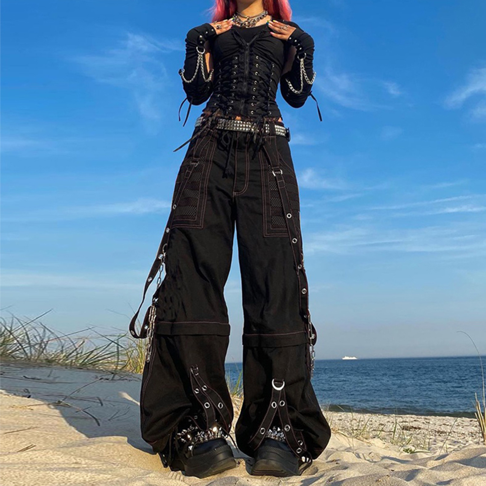 Women Fall Winter Cargo Jeans, Striped Loose Casual Trousers, Street wear Pants with Pockets, Zipper Button Closure