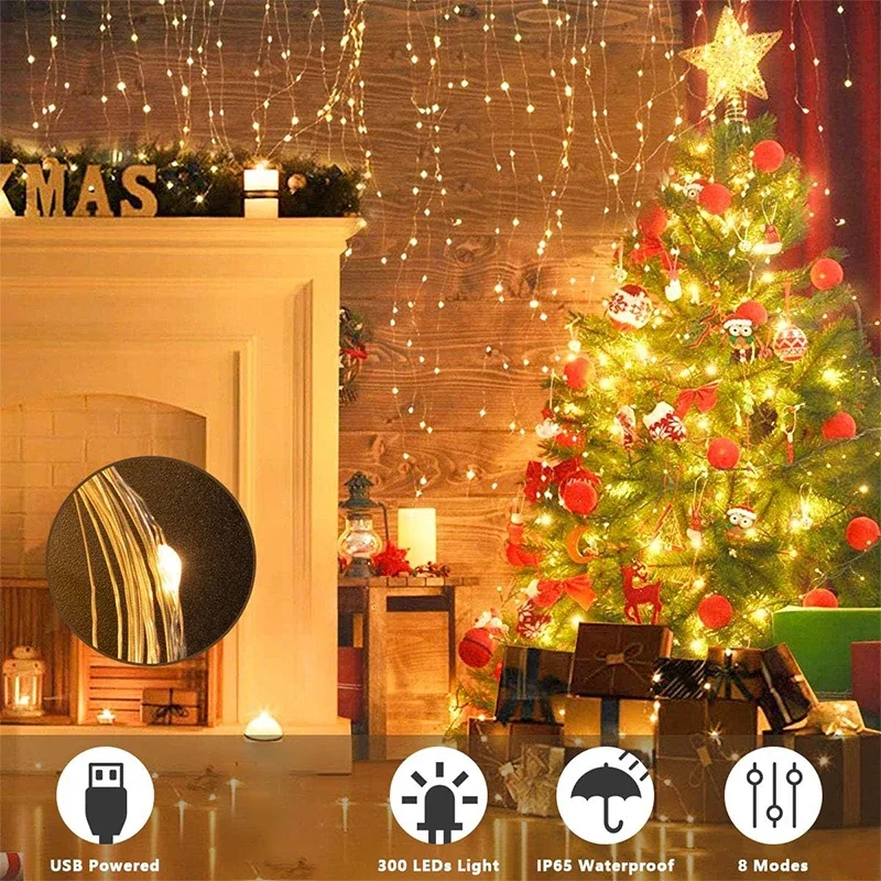 LED Fairy Curtain String Lights USB Garland Lamp 8 Lighting Modes for Christmas, Wedding, New Year & Home Decoration
