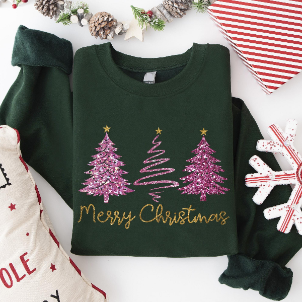 Faux Glitter Merry Christmas Tree Sweatshirt | Pink Sparkly Xmas Crewneck Women Aesthetic Holiday Pullover