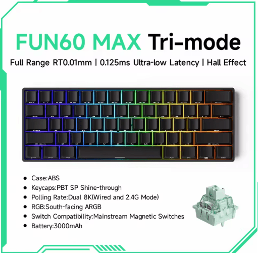 MONSGEEK FUN60 PRO & MAX HE Magnetic Switch 60% Wireless Gaming Keyboard with Rapid Trigger & 8K Polling