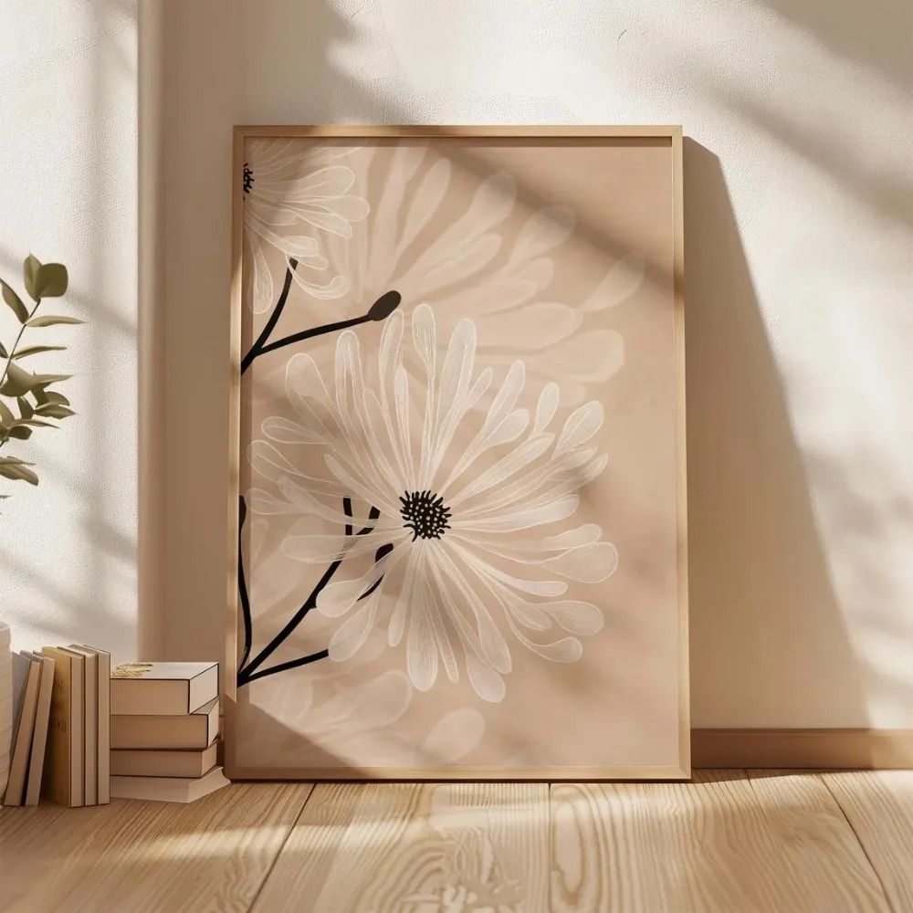 Botanical Line-Art Triptych | Retro Beige Floral Canvas | Executive Studio & Minimalist Sanctuary Decor