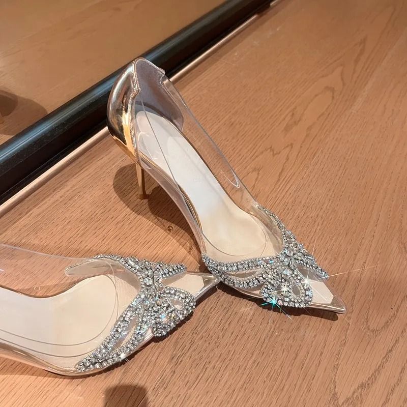 Pointed Transparent PVC Rhinestone Sandals – Elegant Wrapped Back Buckle High Heels