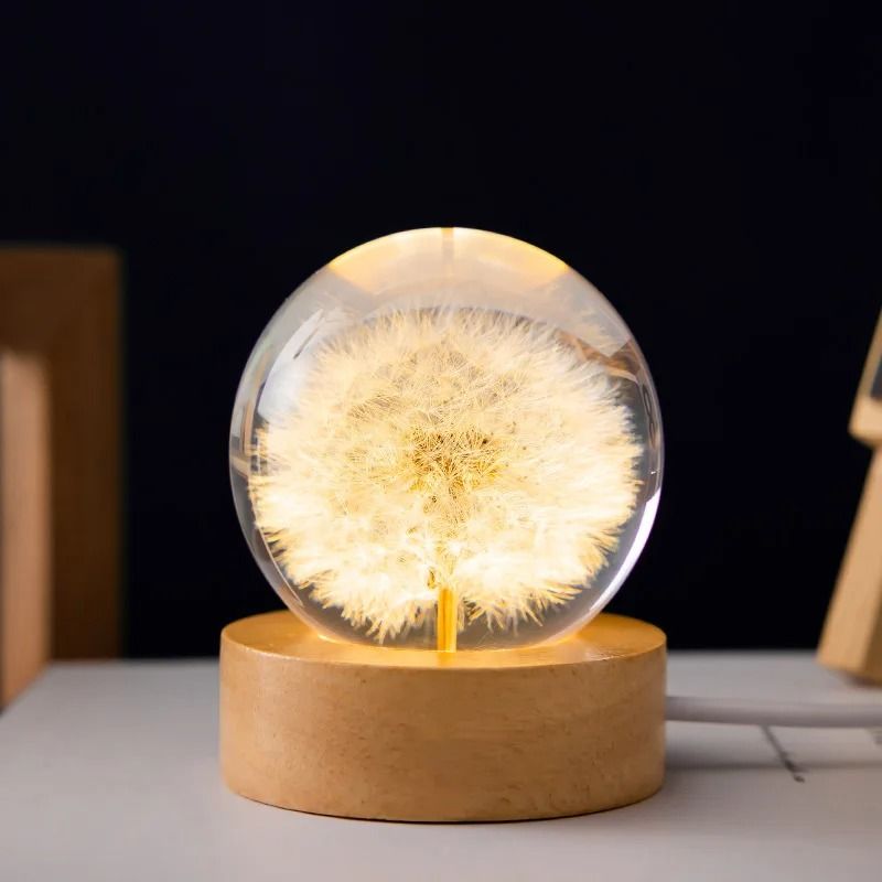3D Dandelion Crystal Ball with Wood Stand Luminous Flower Sphere