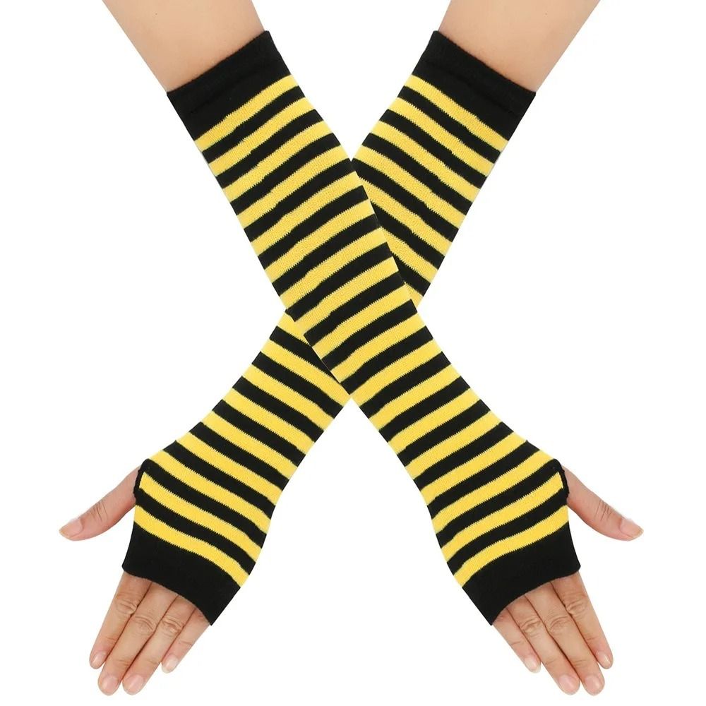 Warmer Knitted Long Fingerless Gloves Lady Striped Elbow Mittens