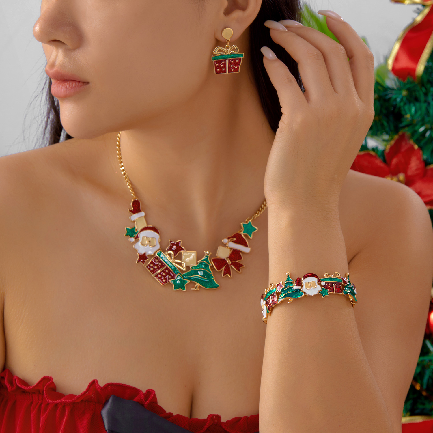 Necklace Set For Women, Christmas Metal Earrings, Dripping Oil Santa Claus, Bowknot Hat, Xmas Tree Choker Jewelry Decor