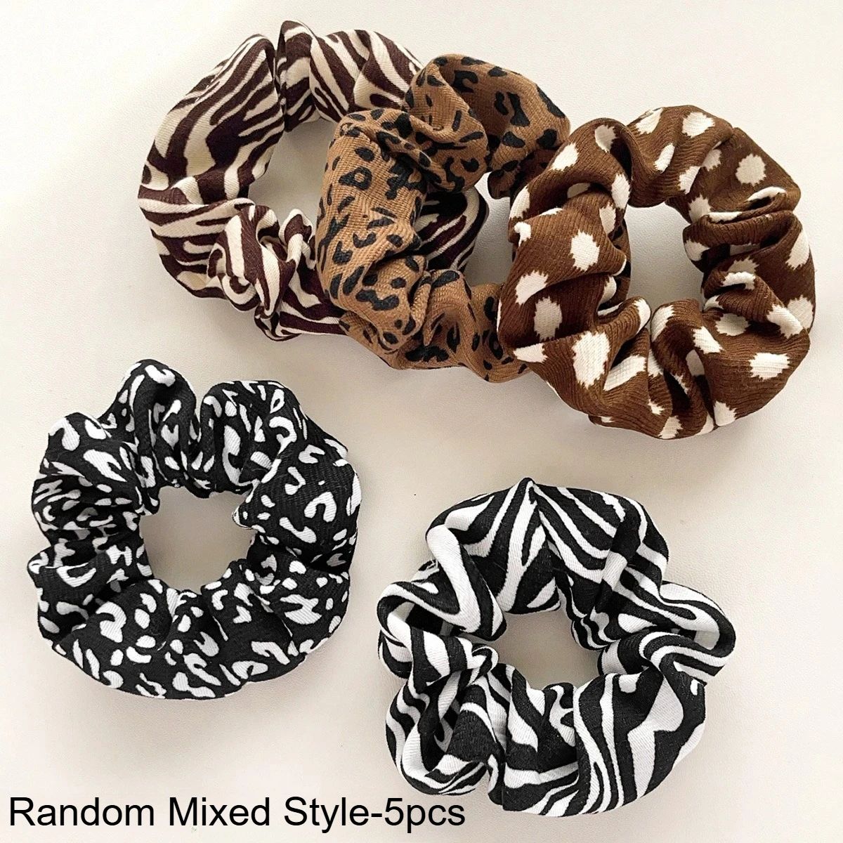 Leopard Fabric Scrunchies Set – Soft Elastic Hair Ties & Ponytail Holders (5 pcs)