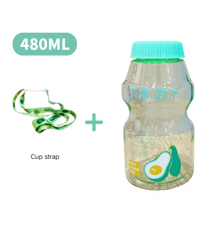 480ml Kawaii Milk Carton Water Bottle Cute Plastic Drinking Bottle with Cup and Strap