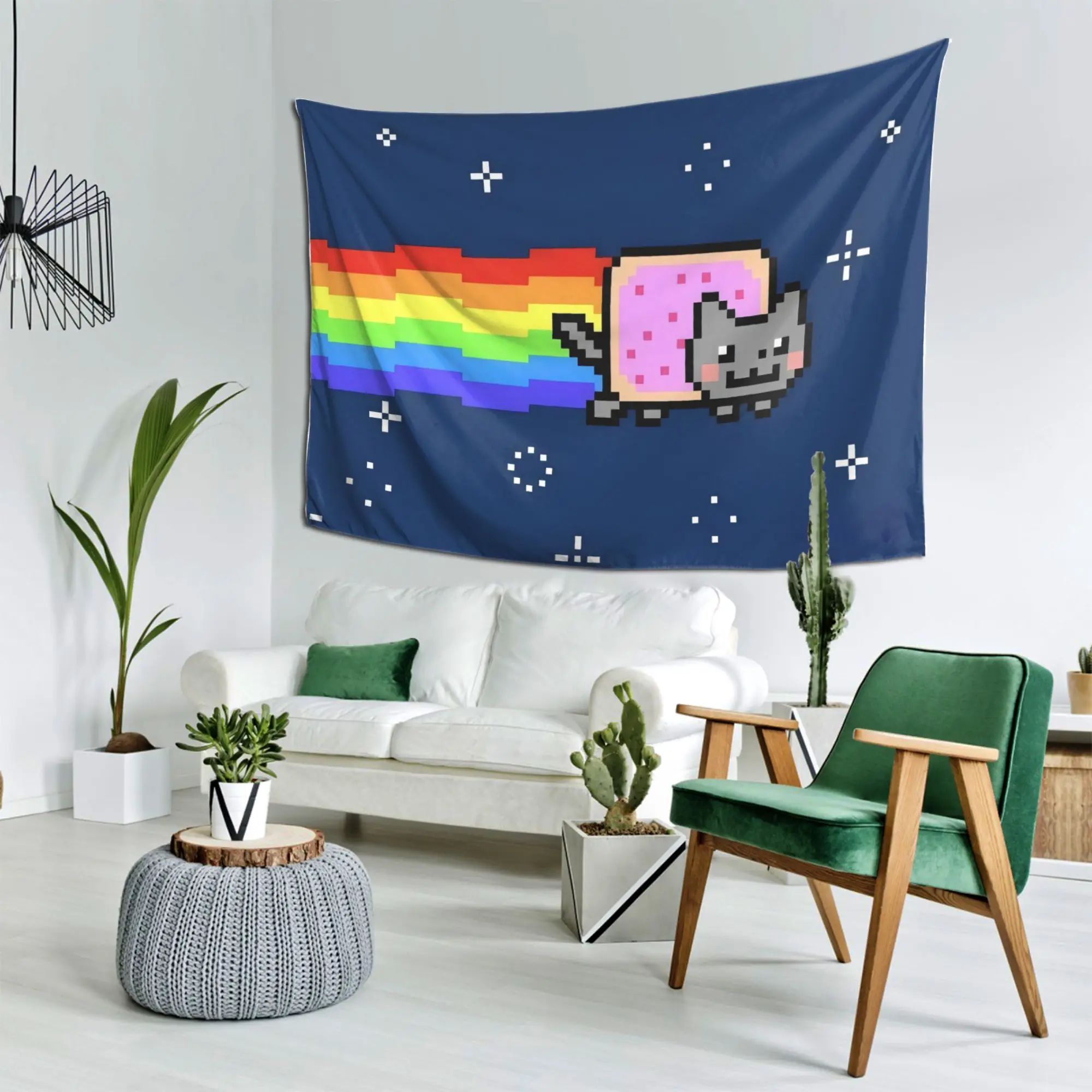 Retro Nyan Cat Pixel Art Tapestry Wall Hanging – Kawaii Cartoon Polyester Decor for Living Room & Bedroom