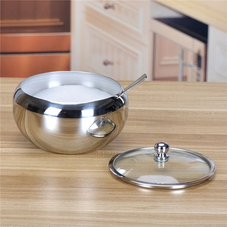 Large Stainless Steel Sugar Bowl with Lid and Spoon