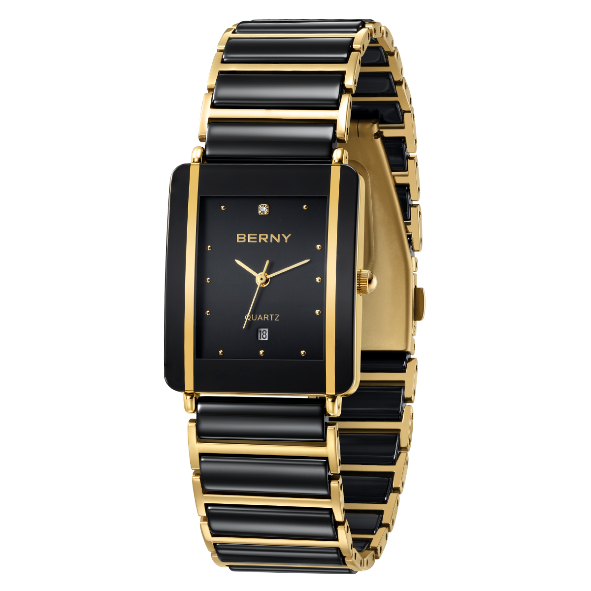 Fashion Luxury Rectangle Wristwatch for Men and Women, Ceramic Quartz Watch, Waterproof Black Gold Couple Gift
